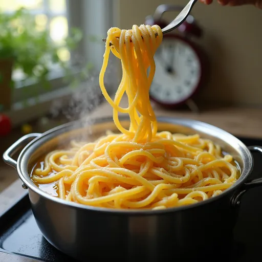 Prompt: Show pasta cooking in the boiling water with a timer in the background style climbing and soothing