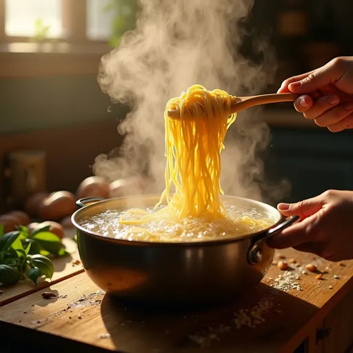 Prompt: Depict pasta being added to the billing water with a gentle stire to prevent sticking.style .soft focus and dynamic 