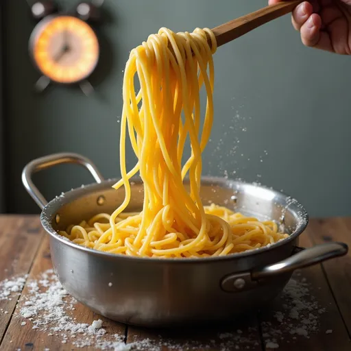 Prompt: Show pasta cooking in the boiling water with a timer in the background style climbing and soothing