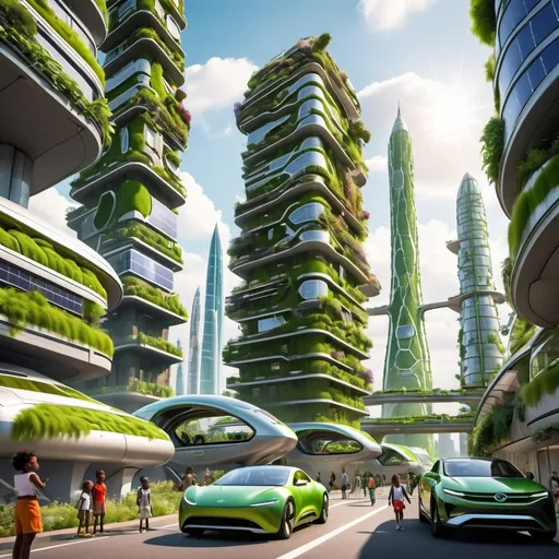 Prompt: Exploring the Futuristic Green City, African American children  marveling at towering eco-friendly buildings covered in vertical gardens and solar panels, with futuristic transportation passing by.
