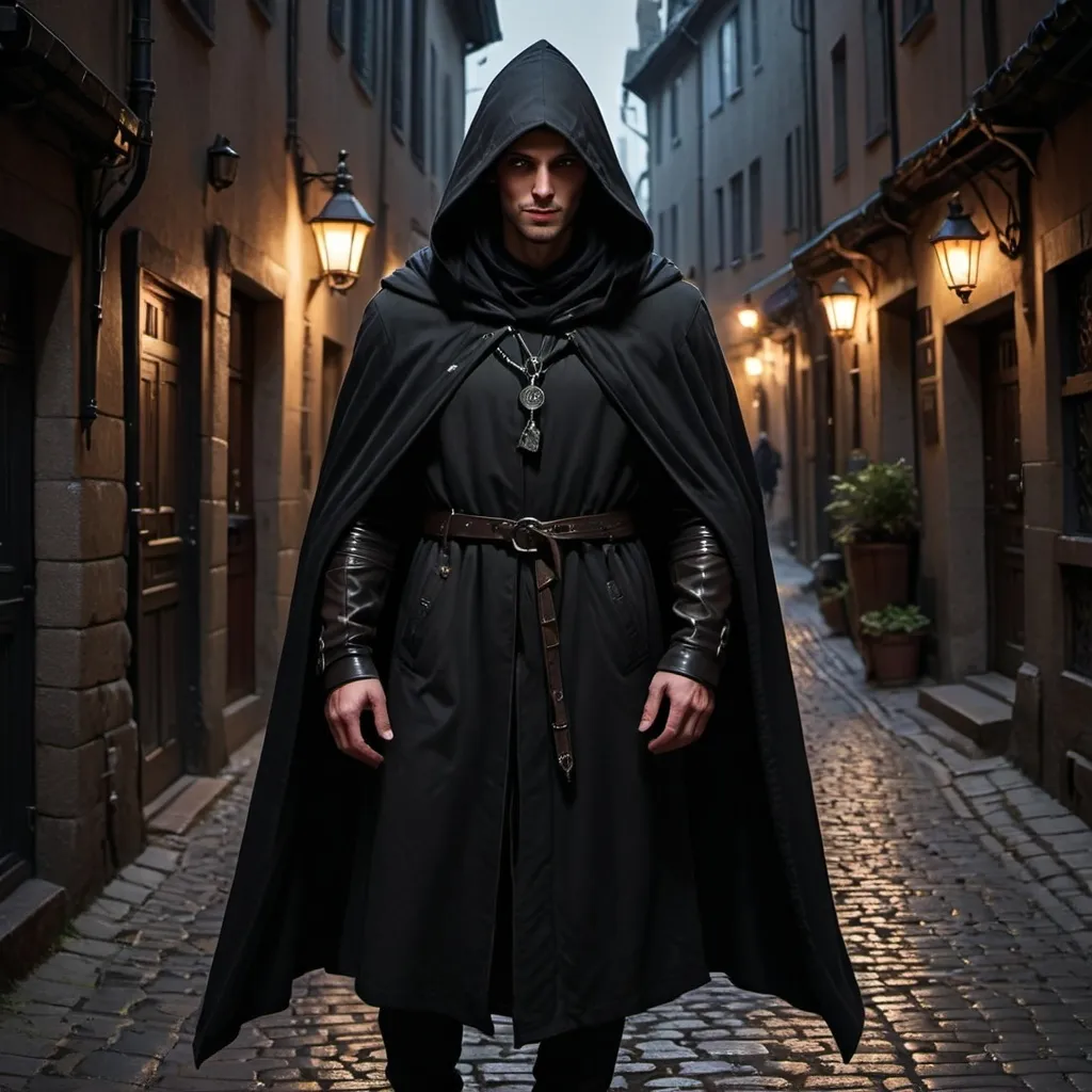 Prompt: (männlicher schwarzhaar dieb), agile pose, sleek dark attire, hooded cloak, intricate details, shadows, (stealthy atmosphere), (mysterious setting), flickering street lights, cobblestone alley, high contrast lighting, dramatic chiaroscuro, sense of intrigue, (highly detailed), 4K, dynamic composition, captivating scene.