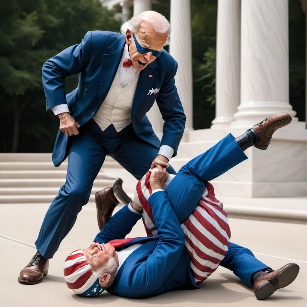 Prompt: hyper-realistic Uncle Sam Character beating Joe Biden down to the ground 