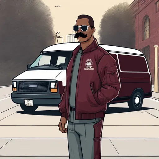 Prompt: A security guard with aviator sunglasses  and a majestic mustache and wearing a maroon bomber jacket is guarding a white van. The van says vanguard on the side. 
