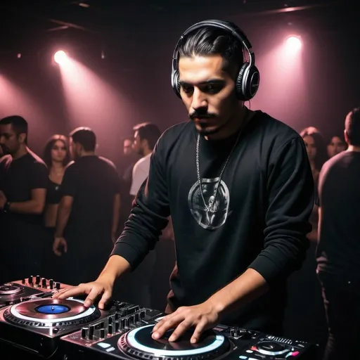 Prompt: mexican Dj playing in a dark club, , black clothing, normal hairstyle; crused style image
