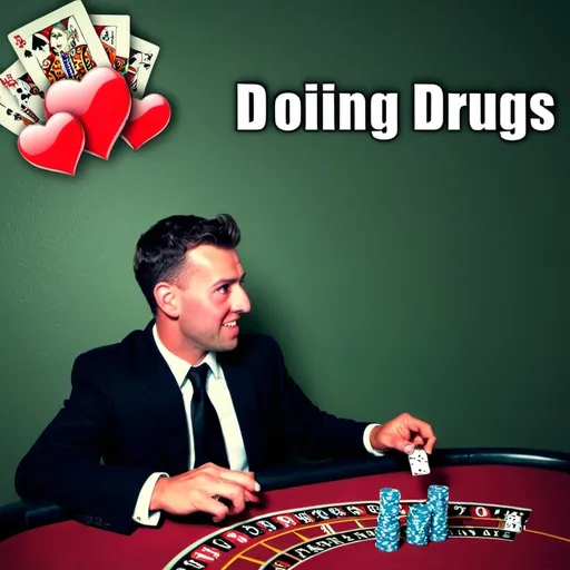 Prompt: Edit existing image to show gambling and doing drugs