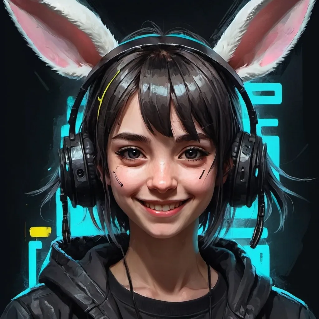 Prompt: A girl wearing cyberpunk style rabbit ears，(anime:1.2) portrait of a smiling person, textured, masterpiece, brush strokes