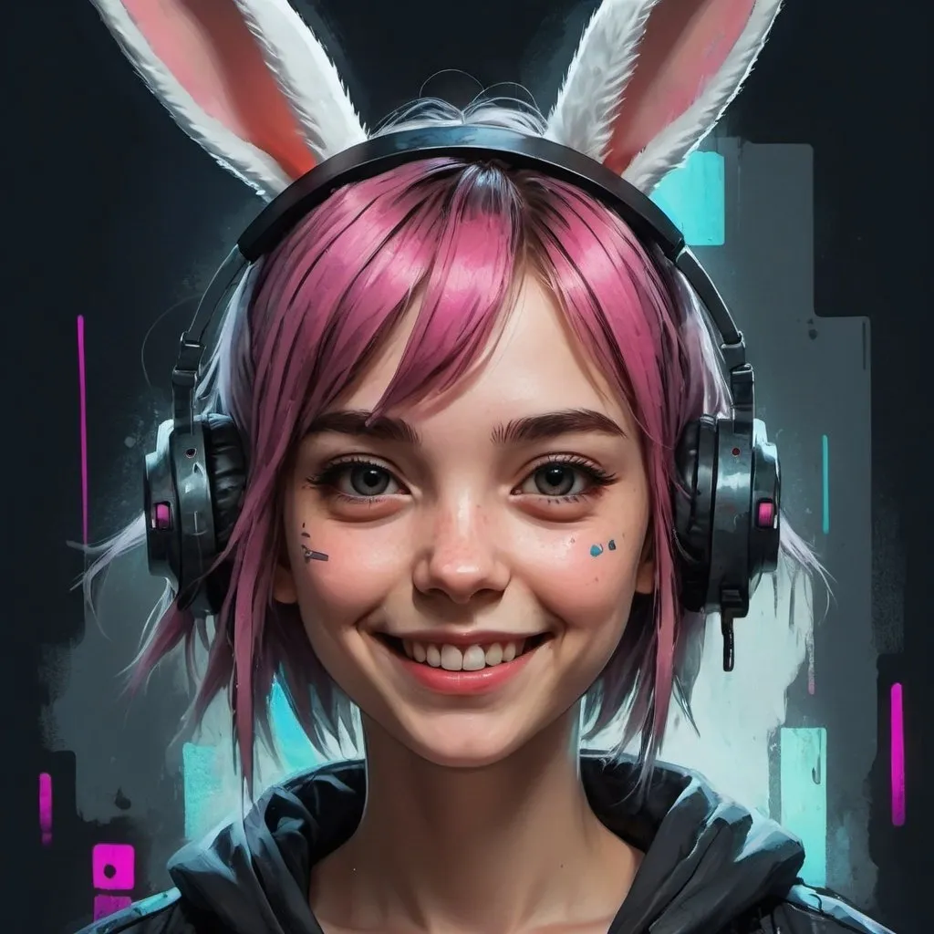 Prompt: A girl wearing cyberpunk style rabbit ears，(anime:1.2) portrait of a smiling person, textured, masterpiece, brush strokes