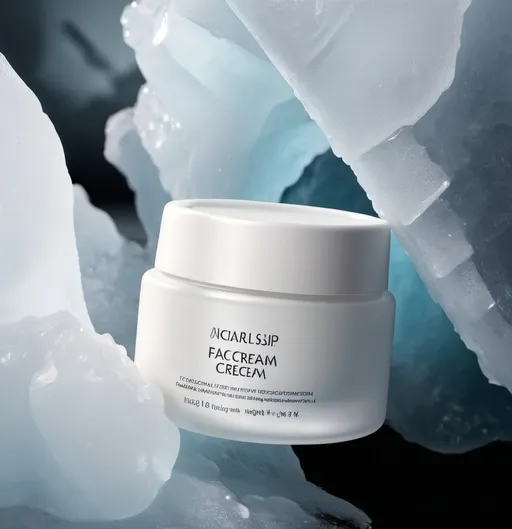 Prompt: Close up,A bottle of face cream without the lid open falls into the glacier, still life photography, transparent and bright studio light and shadow, Realistic details,8K