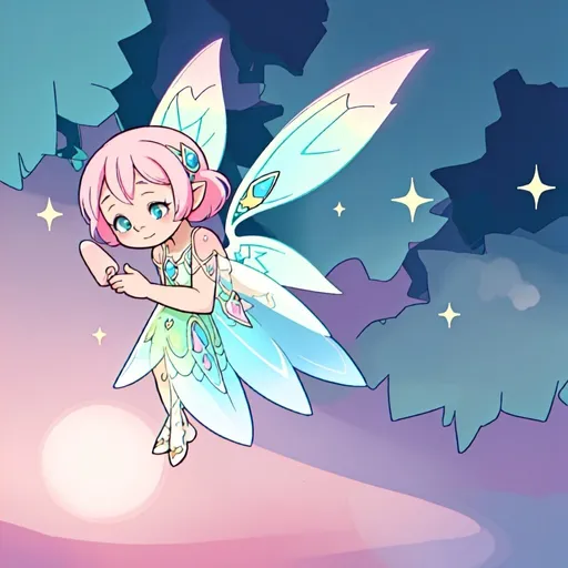 Prompt: Disney-style illustration of a cute fairy, octane render, fantasy, whimsical, magical, pastel colors, sparkles, detailed wings, delicate features, high quality, detailed art, vibrant colors, soft lighting