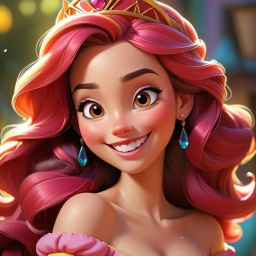 Prompt: Disney princess with a happy smile, vibrant colors, sunny, 4k, vibrant, Disney style, detailed facial features, sunny lighting, lively atmosphere