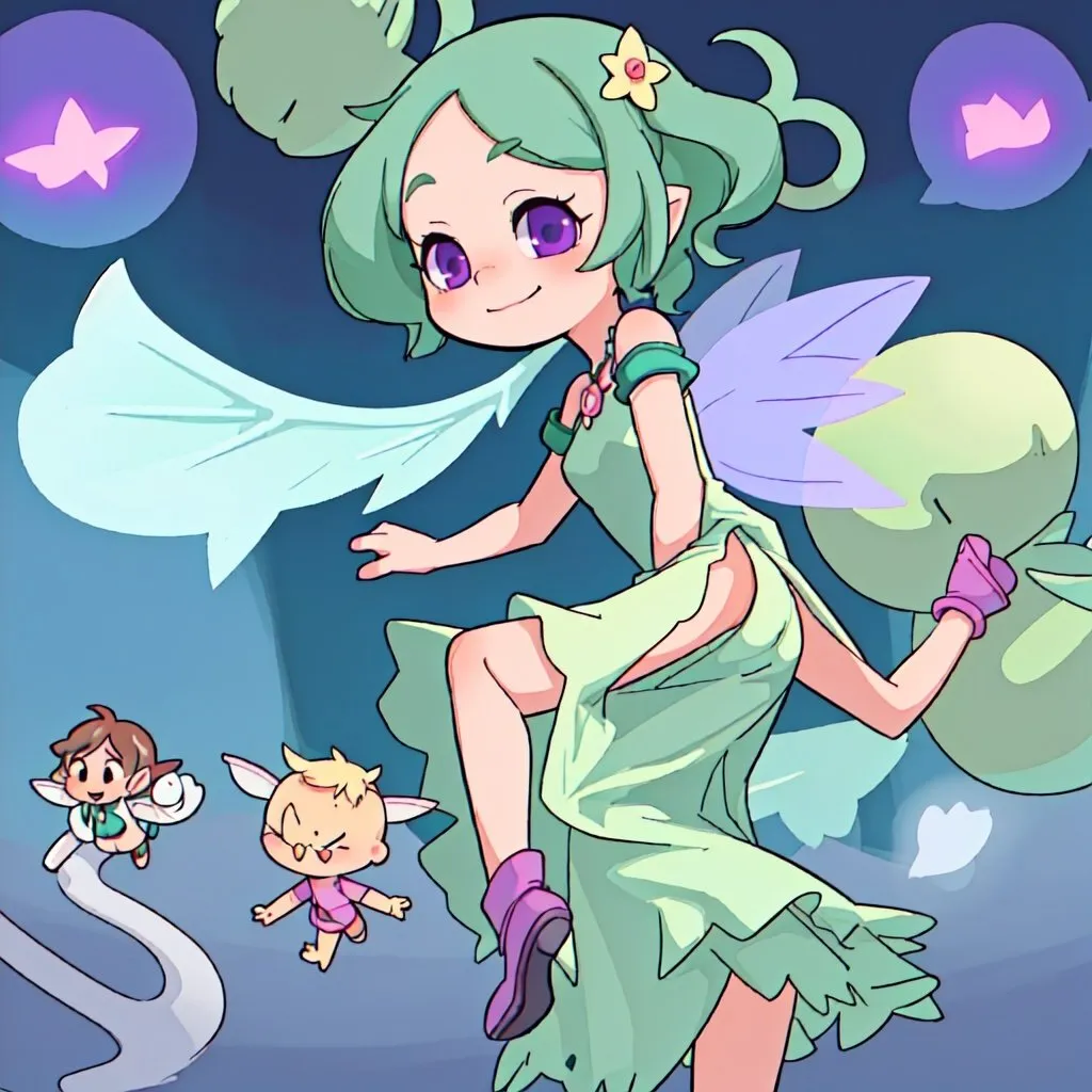 Prompt: Disney-style illustration of a cute fairy, octane render  herw wings are green her drees with puff slaves is purple her drees is up to her  bum
