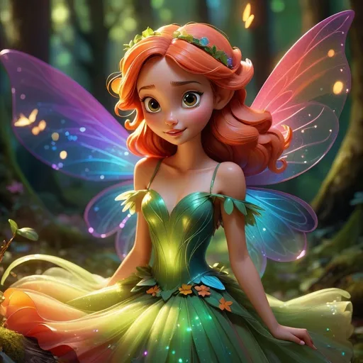 Prompt: Disney-style illustration of a cute fairy, octane render, colorful and vibrant, magical woodland setting, sparkles and glow, detailed wings and flowing gown, enchanting expression, high quality, magical, colorful, vibrant, detailed wings, woodland setting, enchanting, octane render, fairy, Disney-style
