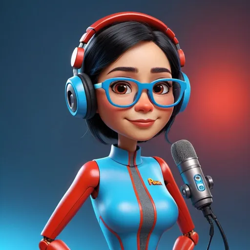 Prompt: Mujer peruana, pixar-style with cute glasses, robotic partsr body, podcast host with microphone, high-quality, CGI, vibrant colors, detailed facial expressions, futuristic, robotic elements, stylish design, professional, bright and lively lighting, cuerpo bastante natural tipo ciborg, detalles en su ropa azul y rojo,