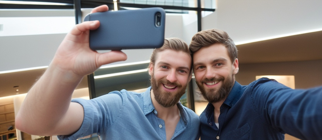Prompt: This is a photograph of a young couple taking a selfie in a modern, brightly lit indoor setting. The man, with light brown, slightly wavy hair and a full beard, is standing to the right and smiling broadly at the camera. He is wearing a blue, button-up shirt with the top button undone, revealing a hint of a grey undershirt. The woman, with dark brown, straight hair pulled back, is positioned to the left of the man and also smiling. She is wearing glasses with thin, dark frames and a grey, sleeveless, patterned top. Both subjects have light to medium skin tones.

They are standing next to a red chair, which is partially visible on the right side of the image. In the background, there is a glass wall with a black, horizontal blind partially drawn. The wall features a white, geometric tile pattern. On the left side of the background, there is a blackboard with white chalk writing, though the text is not entirely legible. The overall ambiance of the room is modern and professional, with a mix of glass, metal, and tile materials. The photograph has a natural, candid feel, capturing a moment of happiness and connection between the couple.