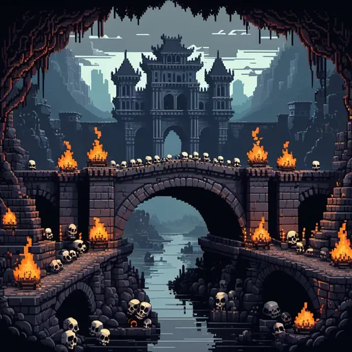 Prompt: Create a pixel art scene featuring a dark, ancient stone bridge in the foreground. Beneath the bridge, there is a hill made up of skulls and bones, ominously piled together. In the distant background, a grand, gloomy palace is visible with flickering torches illuminating its walls. Guarding the palace are shadowy figures, barely discernible but standing at attention with spears or swords. The atmosphere should feel eerie and mysterious, with dim lighting that casts long shadows across the scene, suggesting danger and intrigue