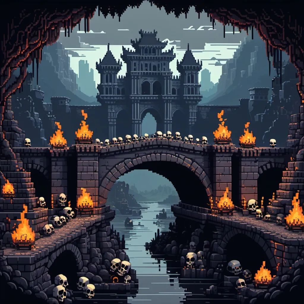 Prompt: Create a pixel art scene featuring a dark, ancient stone bridge in the foreground. Beneath the bridge, there is a hill made up of skulls and bones, ominously piled together. In the distant background, a grand, gloomy palace is visible with flickering torches illuminating its walls. Guarding the palace are shadowy figures, barely discernible but standing at attention with spears or swords. The atmosphere should feel eerie and mysterious, with dim lighting that casts long shadows across the scene, suggesting danger and intrigue