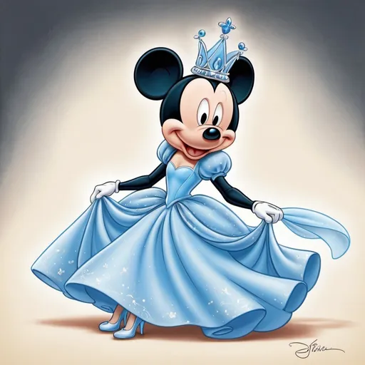 Prompt: cartoon drawing of mickey mouse as cinderella