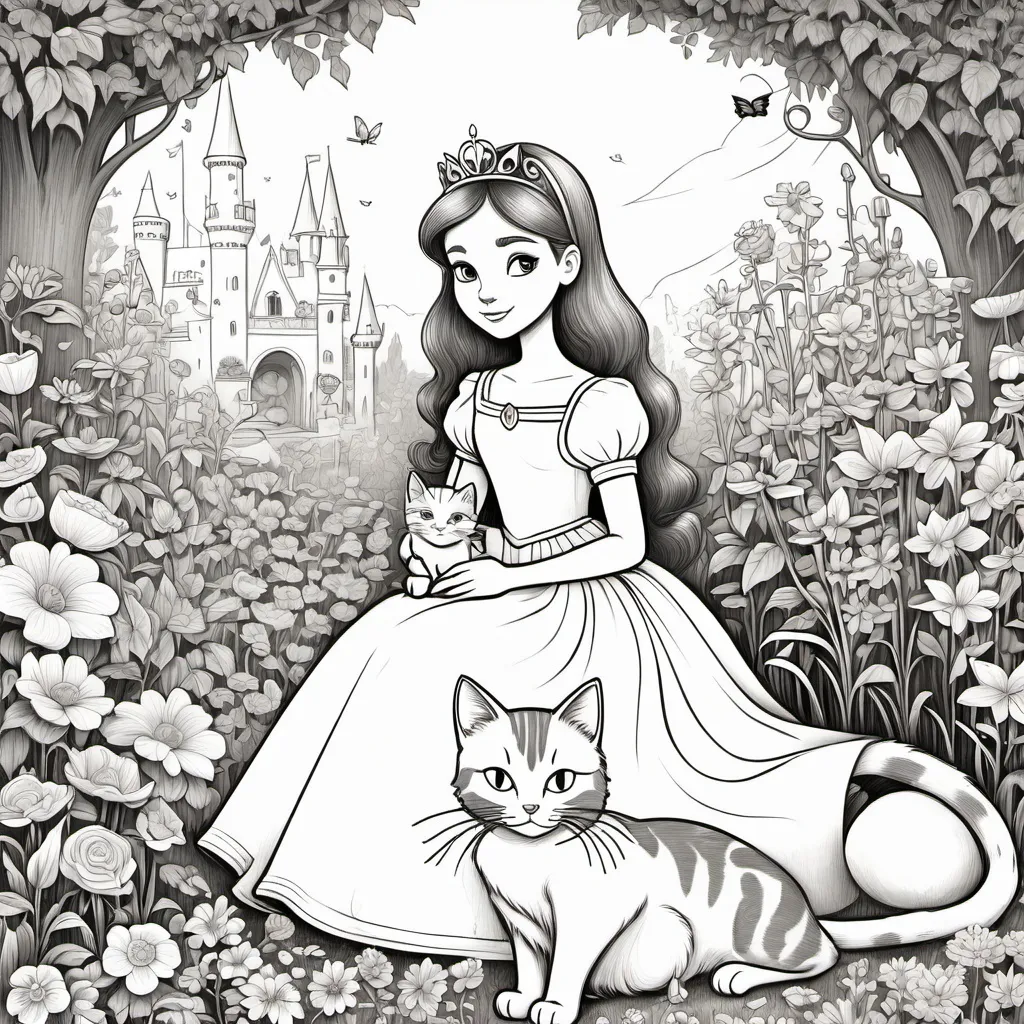 Prompt: princess in a flower garden with her cat. need it drawn as a color page

