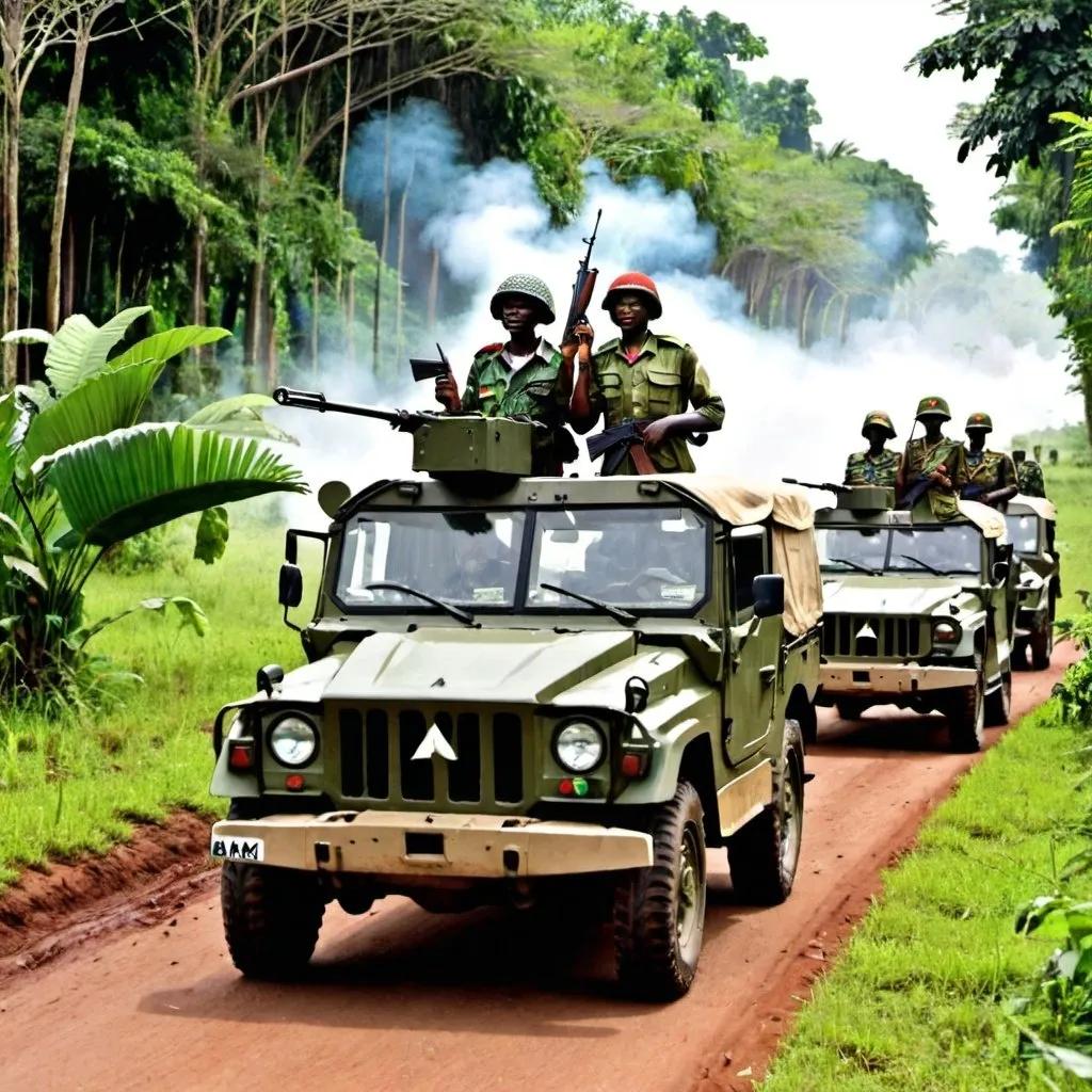 Prompt: Congo army's  in forest  and car 