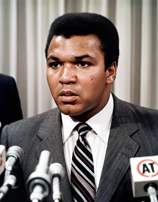 Prompt: "Muhammad Ali speaking passionately at a press conference, wearing a sharp suit and tie, with microphones in front of him. His expression is serious and determined, symbolizing his fight for justice and beliefs."