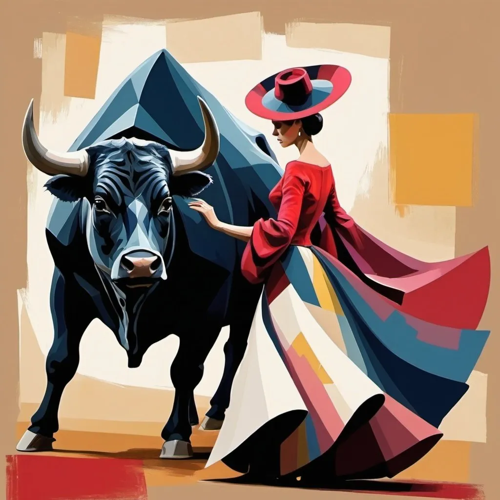 Prompt: mujer torero con toro estilo abstracto
