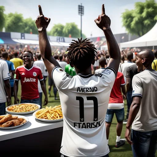 Prompt: FIFA Fan Zone, People, Celebrating, 
Realistic, Ultra HD, back view, Real people, food, Screen, Soccer, African American people