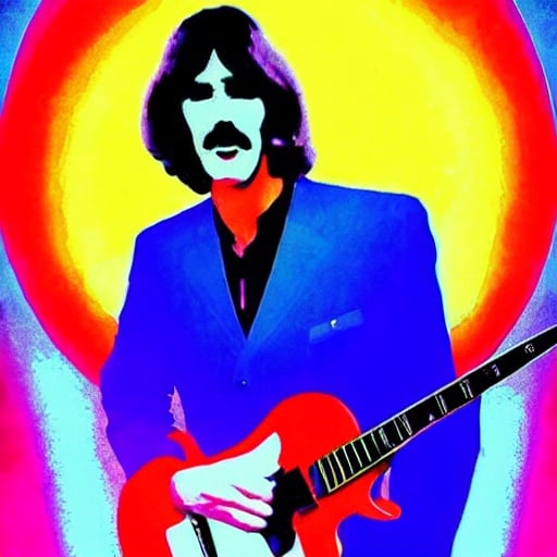 Prompt: George Harrison tribute band 70s peter max style surreal