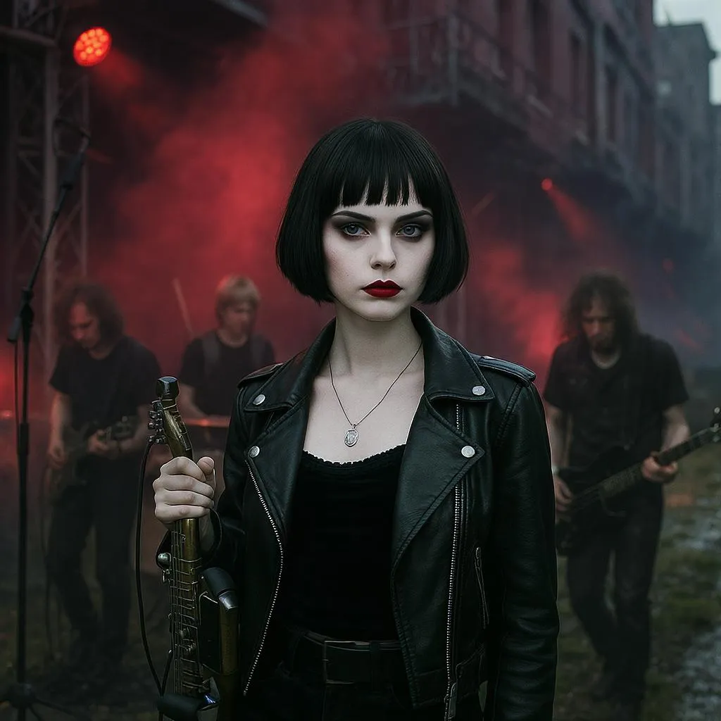 Prompt: Louise Brooks is a vampire who leads a post-punk band in 1985 East Germany.