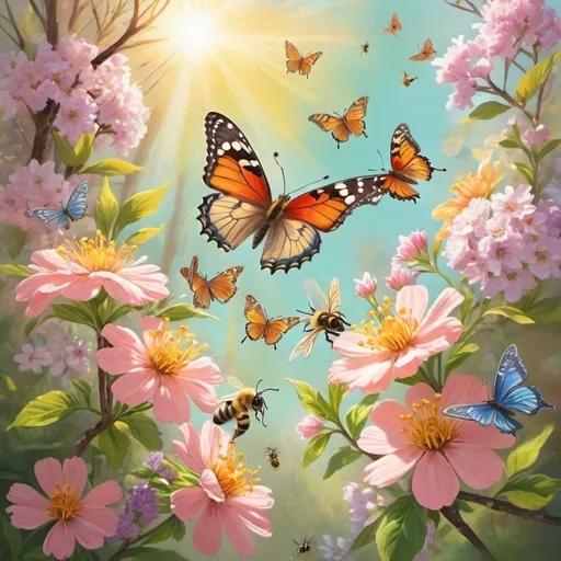 Prompt: Springtime transformation, vibrant floral explosion, warm sunlight filtering through trees, detailed butterfly and bee activity, high quality, digital painting, bright and lively, nature-themed, pastel tones, soft and warm lighting, time change, seasonal transition, blooming flowers, nature awakening, detailed foliage, springtime, vibrant colors, detailed insects, sunny atmosphere