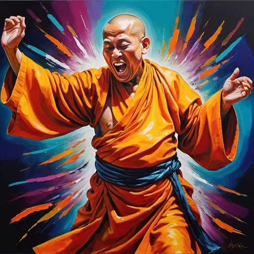 Prompt: Crazy monk dancing, acrylic painting, vibrant colors, exaggerated movements, ecstatic expression, detailed robe, energetic brushstrokes, high quality, vivid, dynamic, expressive, acrylic, vibrant colors, detailed robe, energetic movements, professional, artistic lighting