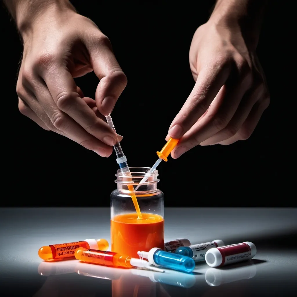 Prompt: Design an impactful image that symbolizes the concept of performance-enhancing drugs in sports. In the foreground, display a hand holding a syringe filled with a bright, glowing liquid, symbolizing the potency of these substances. The background should show a shadowy figure of an athlete, blurred and indistinct, representing the moral ambiguity and controversy surrounding drug use in sports. Surround the syringe with items like pills, capsules, and supplement bottles, creating a sense of temptation and danger. The overall color scheme should be dark and intense, with contrasting highlights to emphasize the secrecy and ethical dilemmas involved. The mood should evoke tension, conflict, and the high stakes of using such substances in the pursuit of athletic success