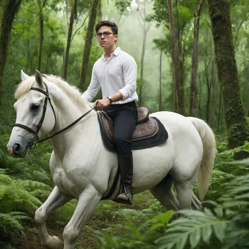 Prompt: A young man wearing a black hort and glasses riding a white horse in a lush, green forest setting.