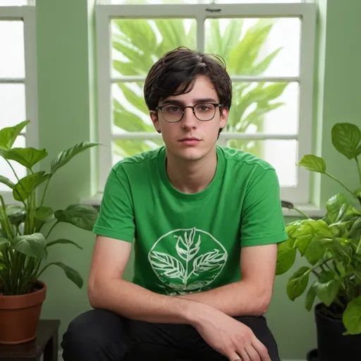 Prompt: A young man with dark hair wearing a green hort and glasses, sitting in a room with green plants and a window.