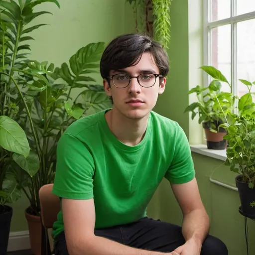 Prompt: A young man with dark hair wearing a green hort and glasses, sitting in a room with green plants and a window.