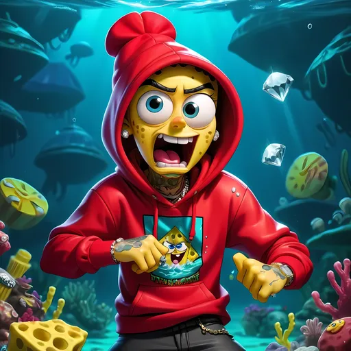 Prompt: gangsta, SpongeBob rapping in ocean with diamond jewelry, vibrant cartoon style, underwater setting, red hoodie, detailed face tattoos, high-quality animation,  vibrant colors, underwater lighting, cartoon, rap, dark, high-quality animation, underwater, shiny diamond accessories