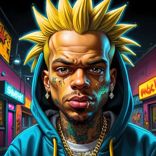 Prompt: Detailed digital painting of a Bart Simpson rapper, smoking weed, wearing hoodie, diamond necklace and gold teeth with intricate face tattoos, vibrant colors, high resolution, vibrant urban graffiti style, neon lighting, detailed facial features, edgy and bold aesthetic, 4k, ultra-detailed, digital painting, vibrant, urban graffiti, neon lighting, intricate tattoos, edgy aesthetic, bold, detailed facial features