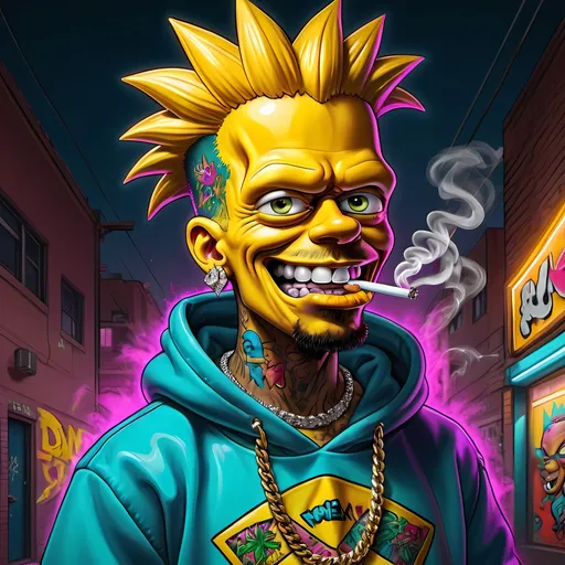 Prompt: Detailed digital painting of a Bart Simpson rapper, smoking weed, wearing hoodie, diamond necklace and gold teeth with intricate face tattoos, vibrant colors, high resolution, vibrant urban graffiti style, neon lighting, detailed facial features, edgy and bold aesthetic, 4k, ultra-detailed, digital painting, vibrant, urban graffiti, neon lighting, intricate tattoos, edgy aesthetic, bold, detailed facial features