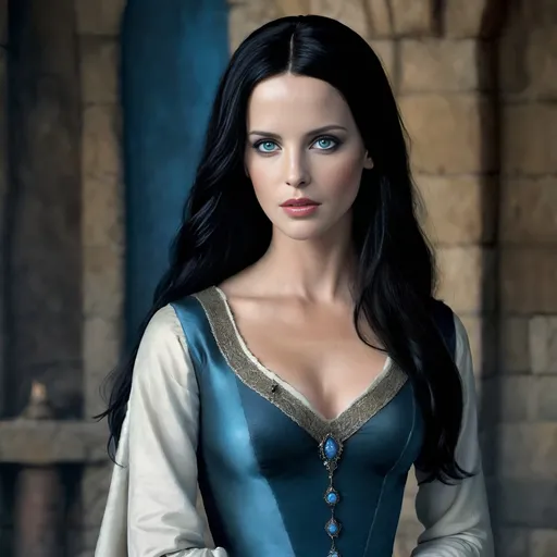 Prompt: medieval woman [Kate Beckinsale|Natalie Portman|Eva Green] with black hair, pale skin, blue eyes