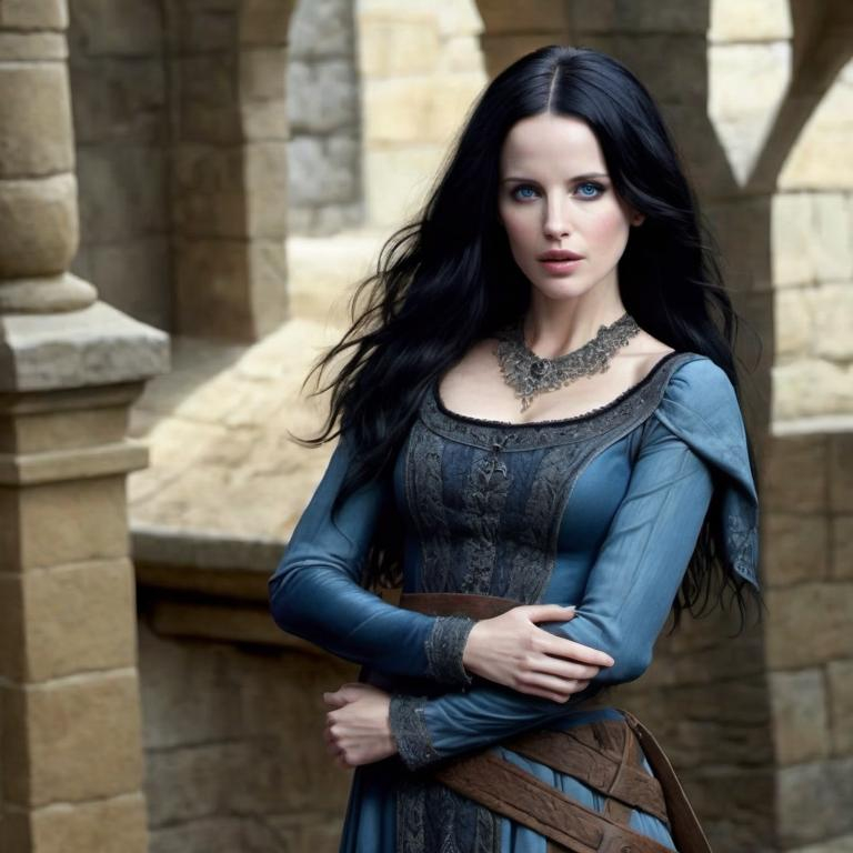 Prompt: medieval woman [Kate Beckinsale|Natalie Portman|Eva Green] with black hair, pale skin, blue eyes