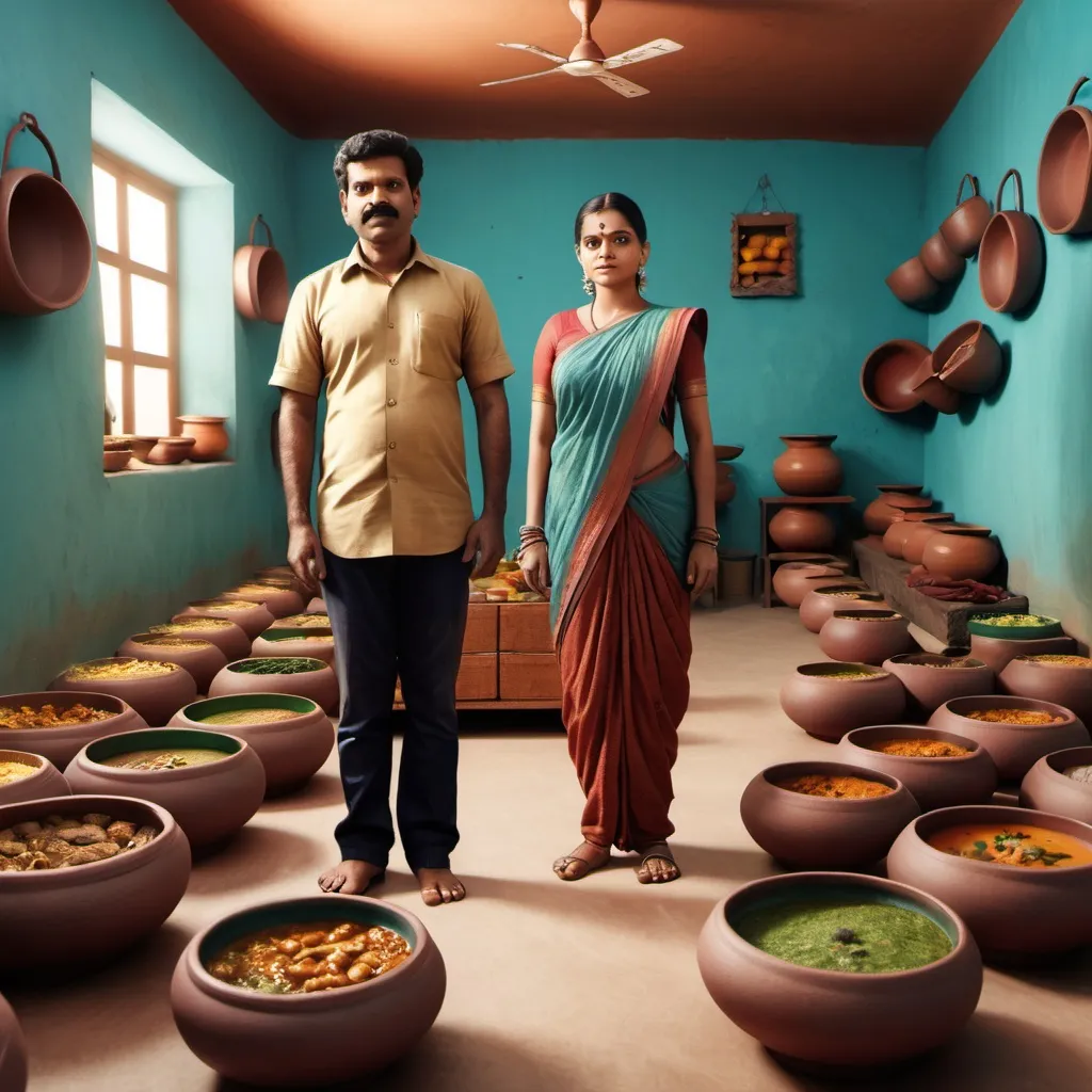 Prompt: a man standing in a room full of pots and bowls of food on the ground and a woman standing in the background, Bholekar Srihari, samikshavad, vfx, a stock photo