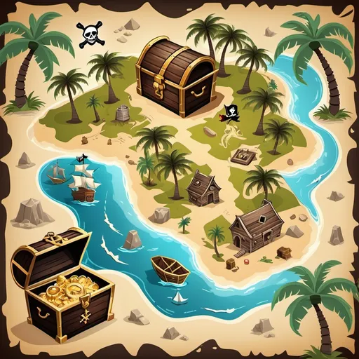 Prompt: Pirate map with treasure chest with x on it and palm trees  huts a pirate ship and compass top right