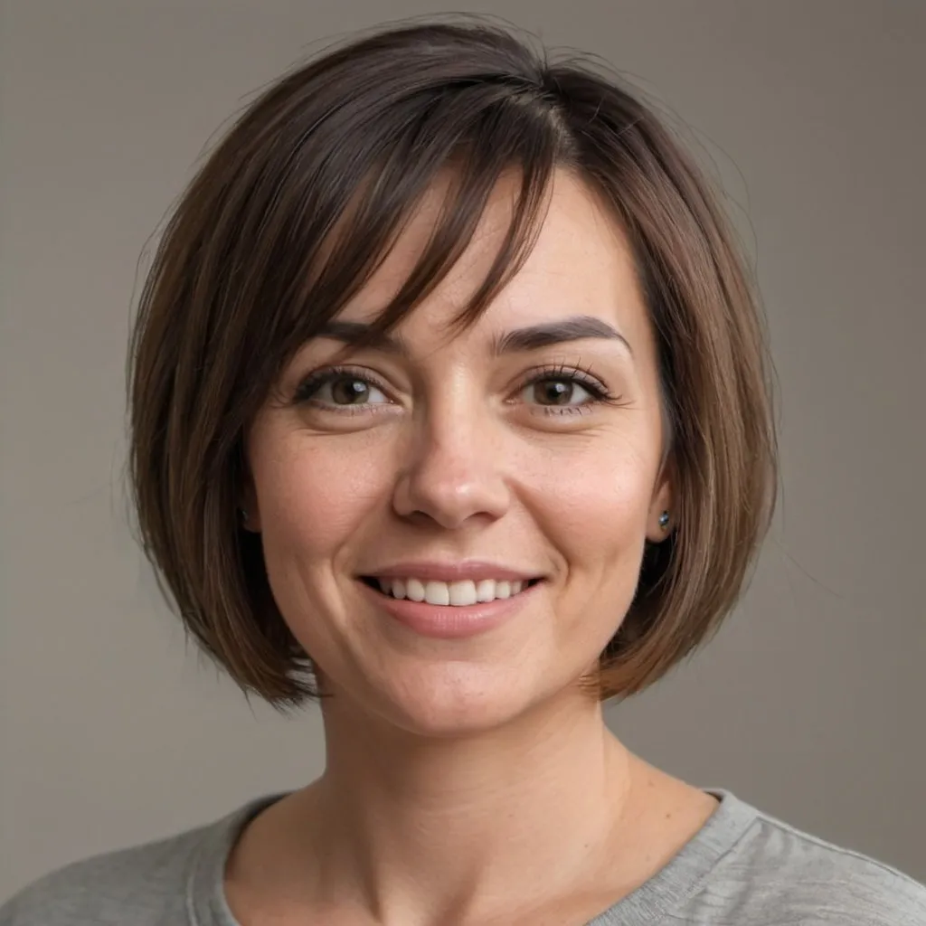 Prompt: A happy mom in her thirties. She has a layered bob haircut that looks easy to maintain, often referred to as a 'mom cut'. This hairstyle should be neat, stylish, and practical, suggesting that it doesn’t take much time to look great. The setting is indoors, with a soft, neutral background to keep the focus on her and her haircut. She is wearing a casual yet neat top that a new mom might wear at home.
RAW photo, (high detailed skin:1.2), 8k uhd, dslr, soft lighting, high quality, film grain, Fujifilm XT3, photorealistic image
