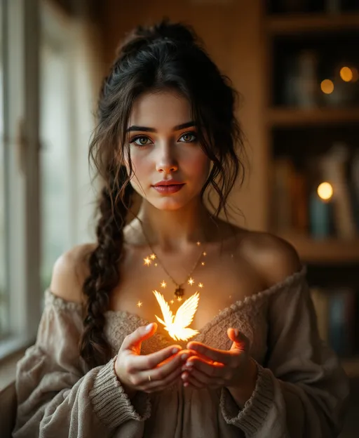 Prompt: Make a person like Nostalgia:

Appearance: Has soft, slightly blurred edges, like an old photograph or a memory.
Attire: Wears clothes that seem subtly dated or from a cherished past era.
Aura: Surrounded by warm but muted colors – sepia tones, dusty rose, soft golds.
Behavior: Might carry small, faintly glowing objects representing specific memories; has a gentle, wistful expression.
