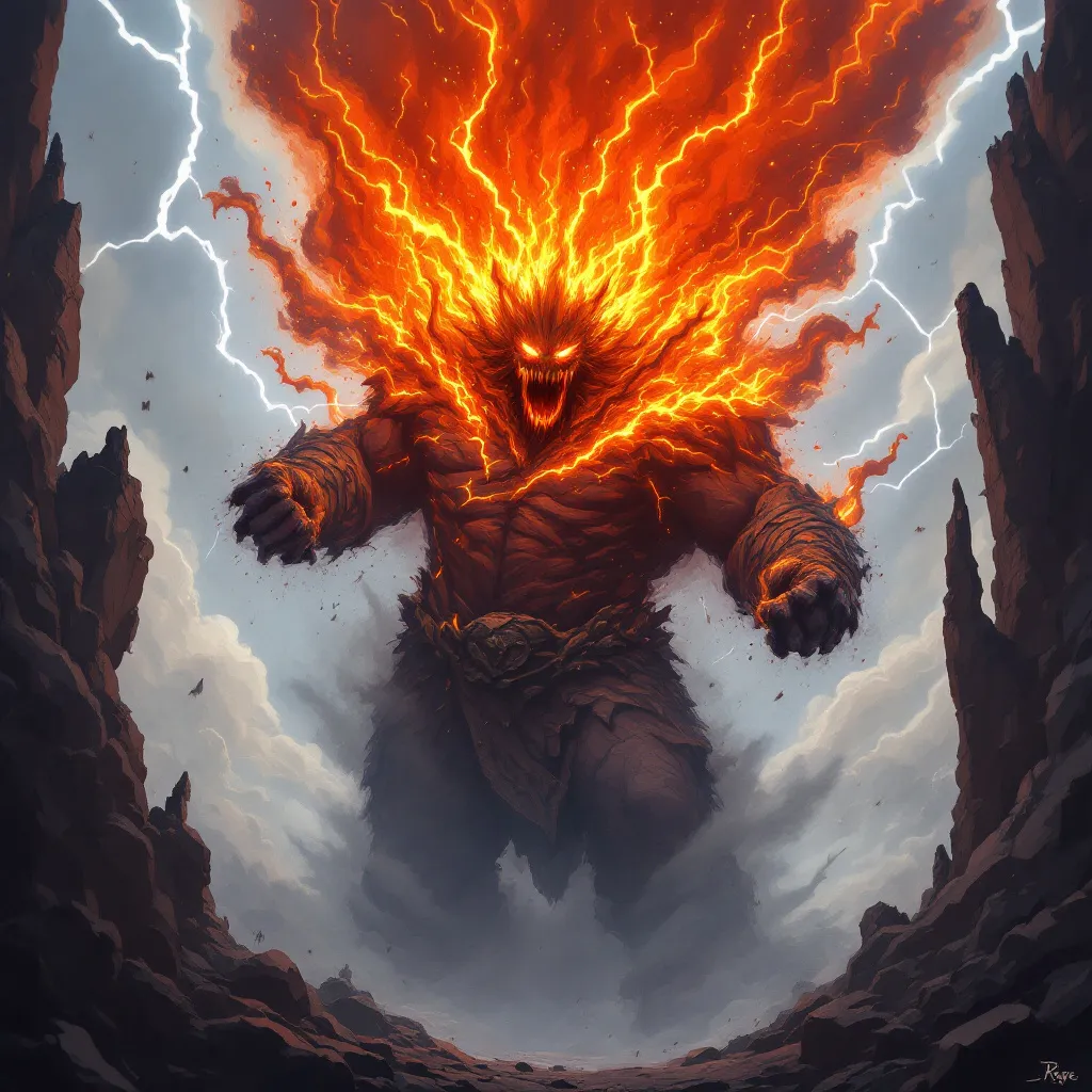 Prompt: Make a person like Rage: A towering, volcanic figure with fiery eyes and a voice like thunder, constantly simmering with explosive energy.