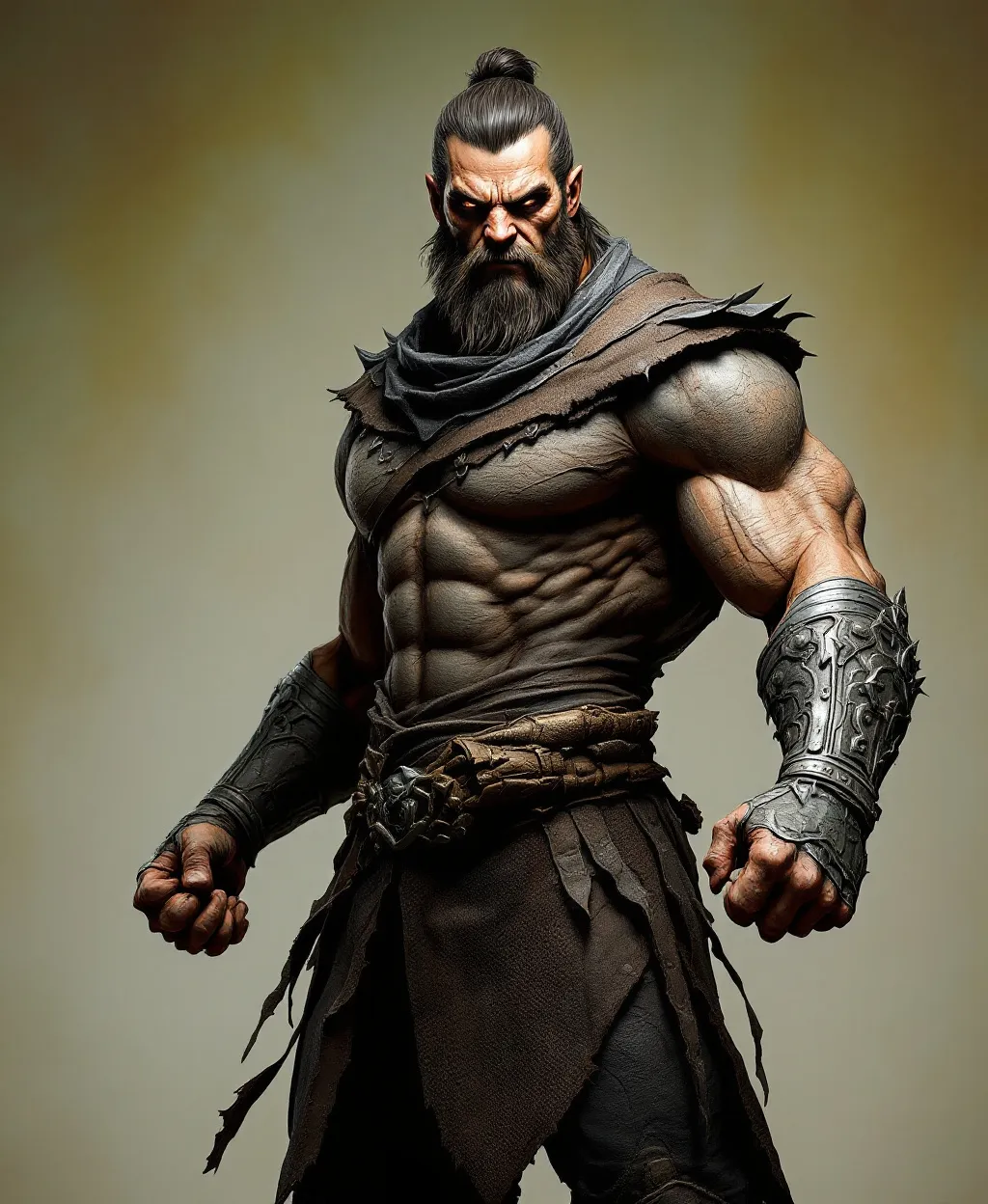 Prompt: Make a person like Determination:

Appearance: Solid, grounded, perhaps appearing carved from stone or forged from weathered metal.
Stance: Firm and unyielding, gaze fixed forward with unwavering focus.
Features: Strong lines, maybe a set jaw or hands held in firm readiness (not necessarily anger). Not scary
