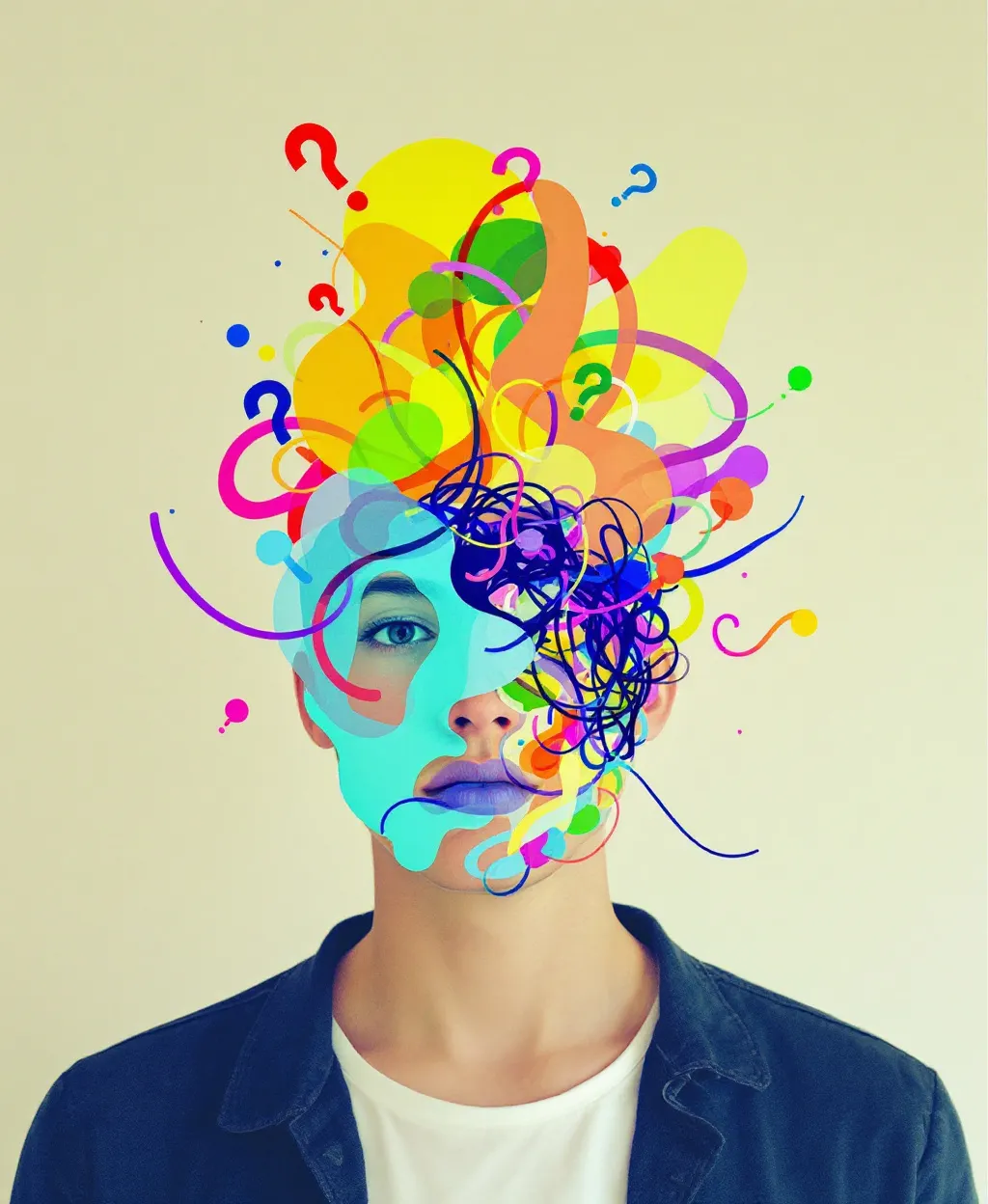 Prompt: Make a person like Confusion:

Appearance: Composed of overlapping, translucent shapes or tangled, multi-colored threads.
Features: Their form seems to shift, making it hard to get a clear look. Question marks might drift around them.
Behavior: Looks in multiple directions at once, body language conveys disorientation.
Colors: Swirling, perhaps clashing colors that don't quite blend or settle.