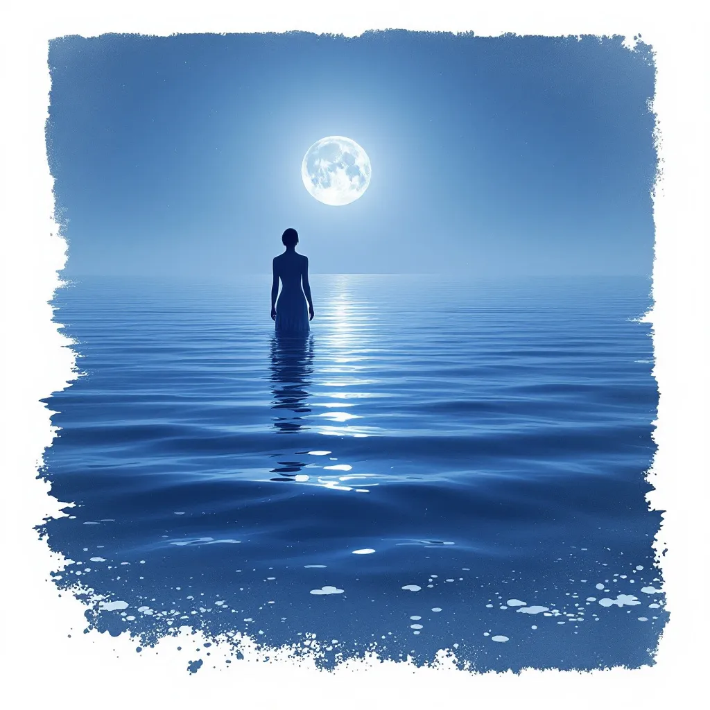 Prompt: Make a person like Serenity: A serene figure composed of calm water and moonlight, radiating tranquility and a sense of deep peace.