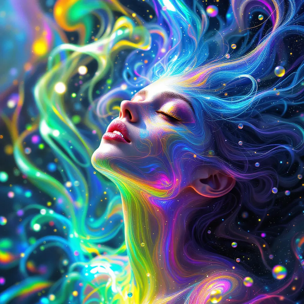 Prompt: Make a person like Ecstasy: A swirling, kaleidoscopic being with iridescent colors and flowing limbs, constantly changing shape and emitting waves of pure bliss.