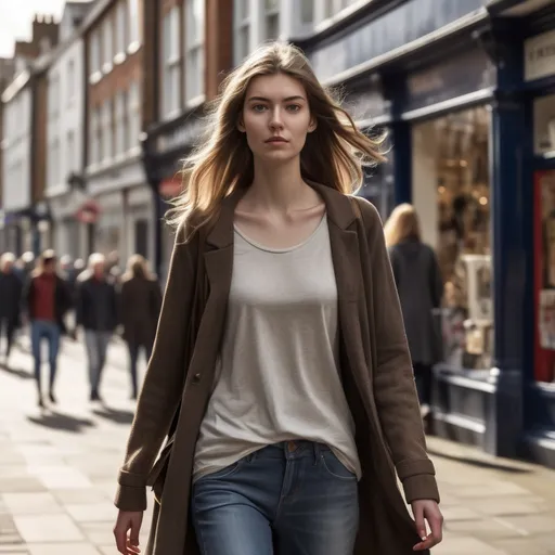 Prompt: Tall young woman walking down the high street, detailed clothing, realistic, natural 
lighting