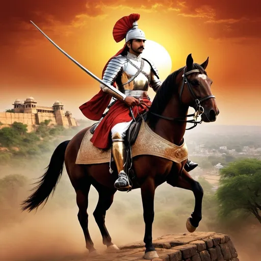 Prompt: Create a realistic, heroic book cover image for a non-fiction book titled "Maharana Pratap: The Warrior King". The background should feature a dramatic sunset over Chittorgarh Fort, evoking a sense of history and resilience. In the foreground, depict Maharana Pratap in full warrior attire, sitting proudly on his loyal horse, Chetak. They should be positioned prominently with an air of readiness and valor, ready to charge into battle. Use rich, warm colors and dynamic lighting to highlight the fort and the warrior. Place the title boldly at the top or bottom in a classic, elegant font with a subtle antique texture that complements the historical theme.
